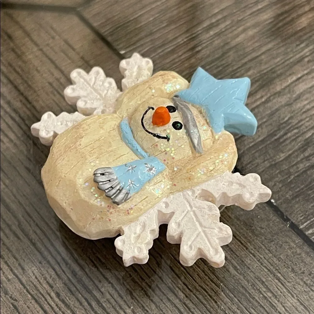 Vintage Charming Cream Snowman & Snowflake Pin with Blue Accents Holiday Brooch
